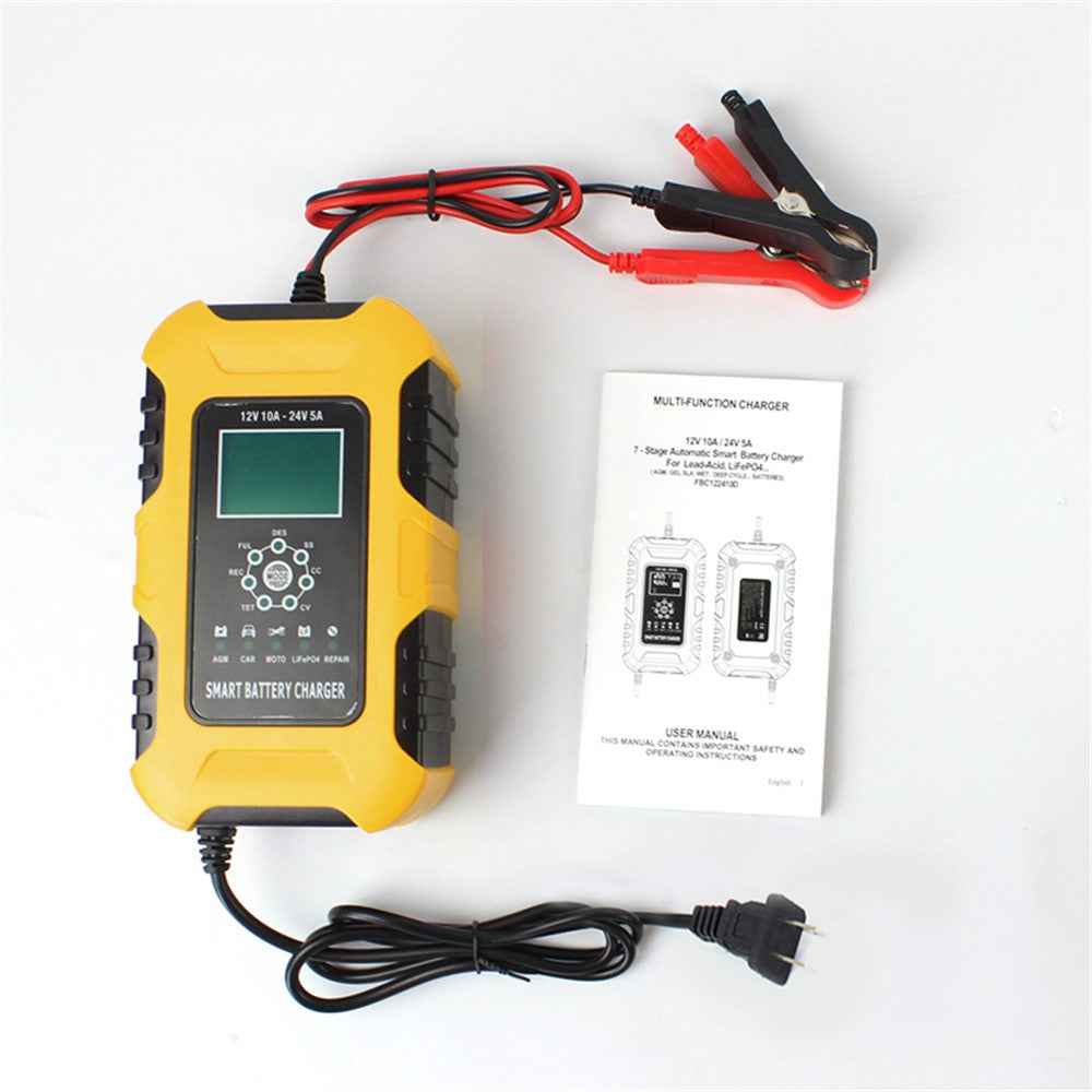 FOXSUR Car Battery Charger 12V / 10A 24V / 5A Automatic Smart Charger GEL AGM LiFePo4 Battery Charger - Yellow / US Plug