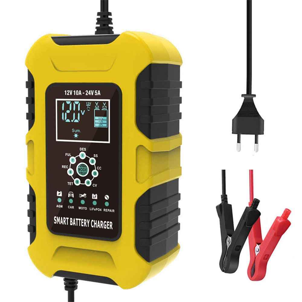 FOXSUR Car Battery Charger 12V / 10A 24V / 5A Automatic Smart Charger GEL AGM LiFePo4 Battery Charger - Yellow / EU Plug
