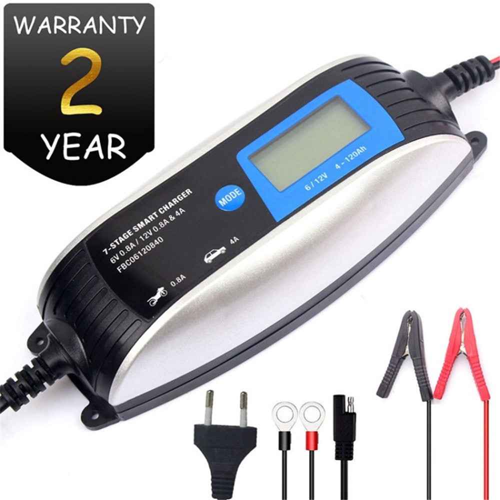 FOXSUR 6V 12V 0.8A 4A Lead Acid Battery Charger 7-Stage Smart Car Charger Portable Battery Maintainer - EU Plug