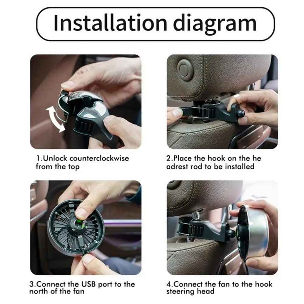Car Backseat Electric Fan for Rear Seat Passenger with 3 Speed Modes + RGB Light for Vehicles SUV Truck - Black+Silver