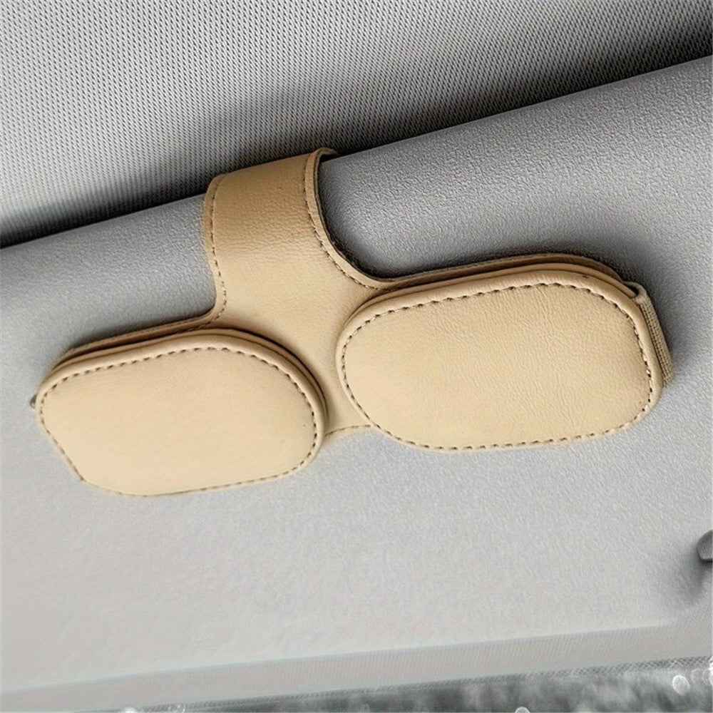 Car Sunglasses Holder Vehicle Visor Clip Magnetic PU Leather Sun Glasses Eyeglass Hanger - Beige