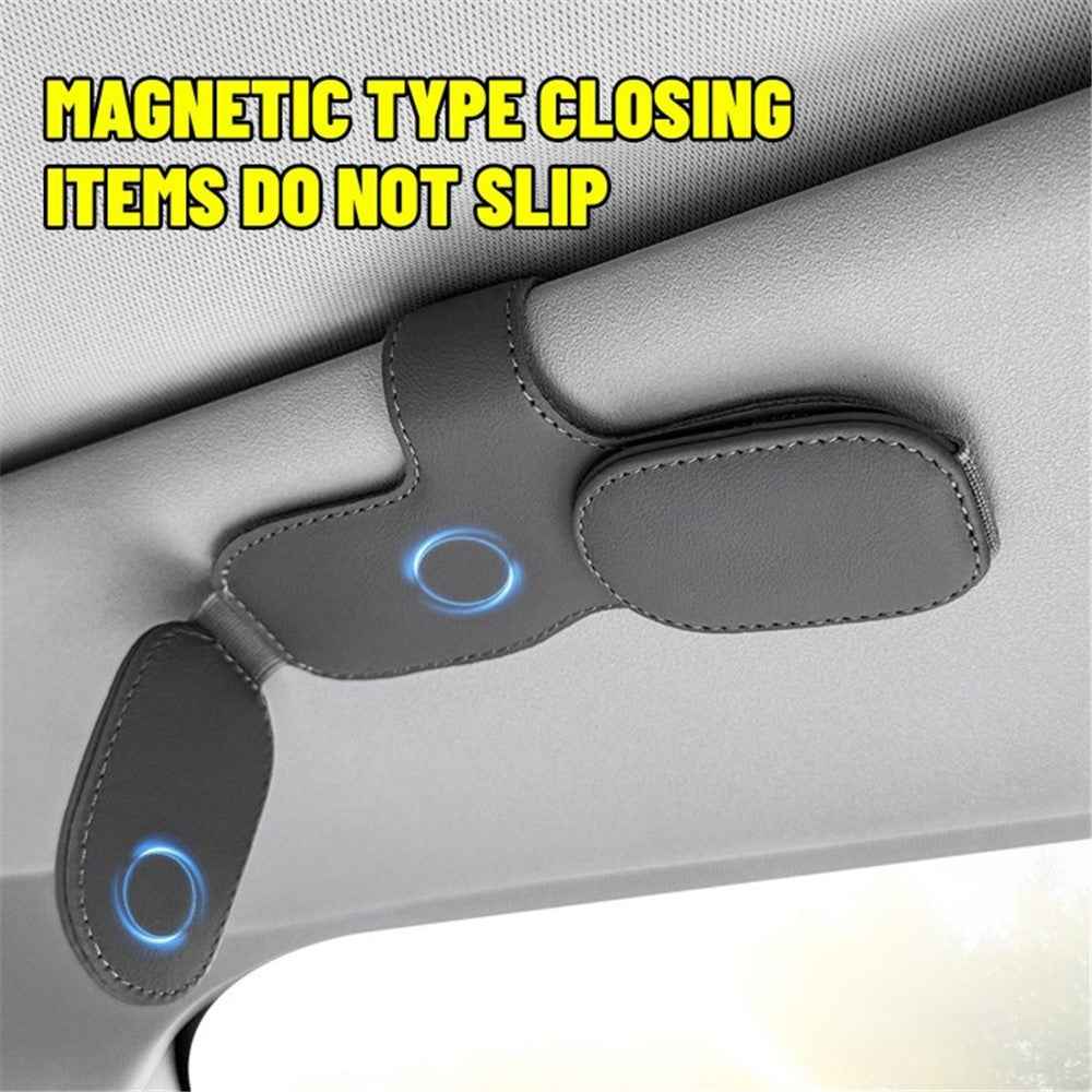Car Sunglasses Holder Vehicle Visor Clip Magnetic PU Leather Sun Glasses Eyeglass Hanger - Beige