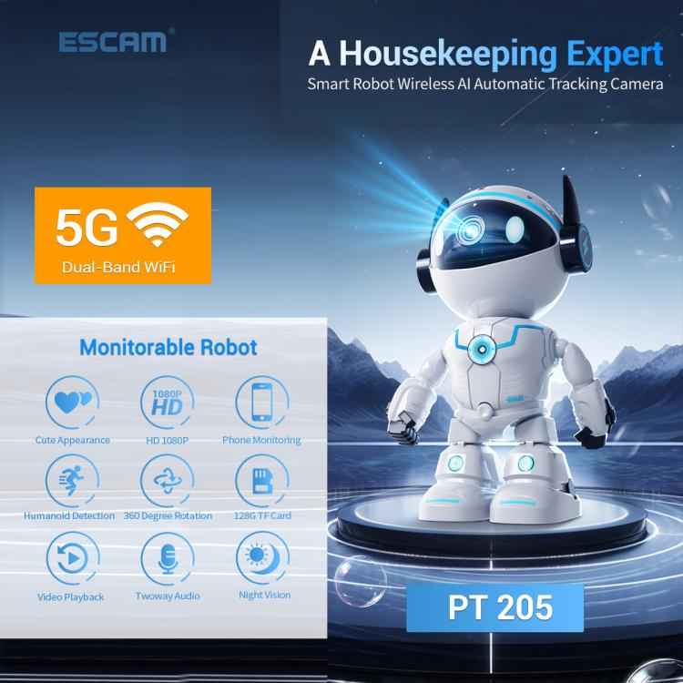ESCAM PT205 5G WiFi Smart Robot Wireless AI Automatic Tracking Camera, Two Way Audio / Night Nersion, Plug:EU Plug(White)
