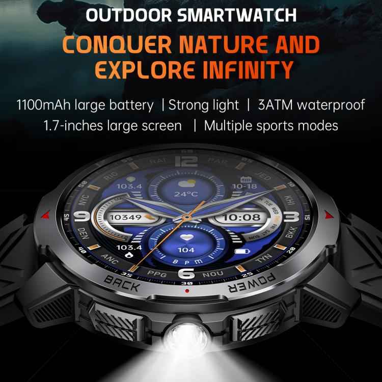 KT88 1.7 inch TFT Screen Outdoor Sports Smart Watch 3ATM Waterproof with Flashlight(Black)
