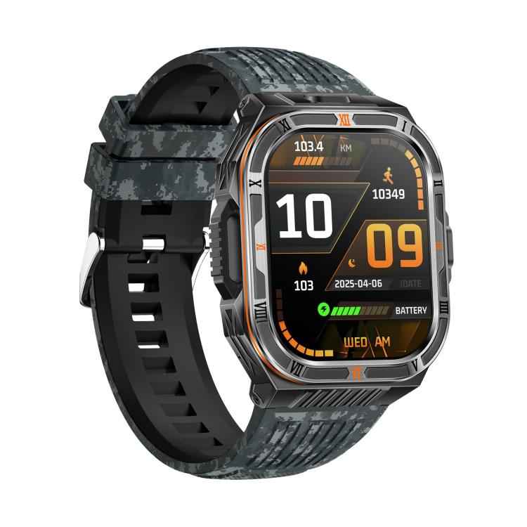HT38 2.01 inch IPS Square Screen Smart Sports Watch Supports Bluetooth Call, Health Monitoring, LED Flashlight(Camouflage Blue Silicone Strap)