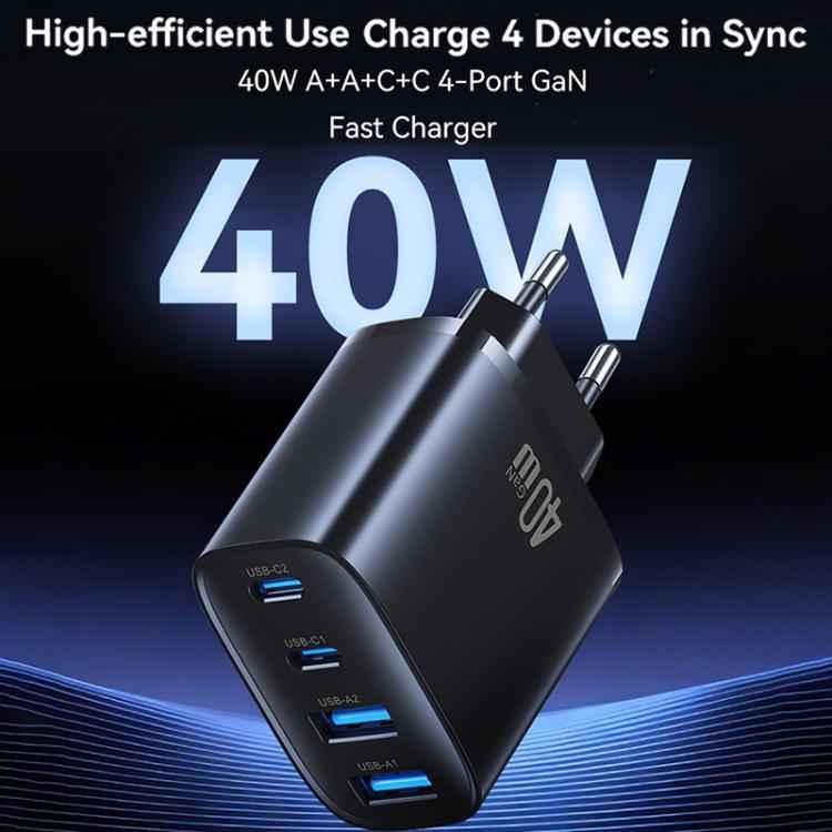 USAMS T70 CC330 40W Dual USB-A and Dual USB-C / Type-C 4-Port GaN Fast Charger, Plug:EU Plug(Black)