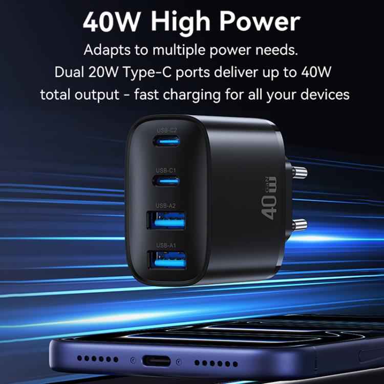 USAMS T70 CC330 40W Dual USB-A and Dual USB-C / Type-C 4-Port GaN Fast Charger, Plug:EU Plug(Black)