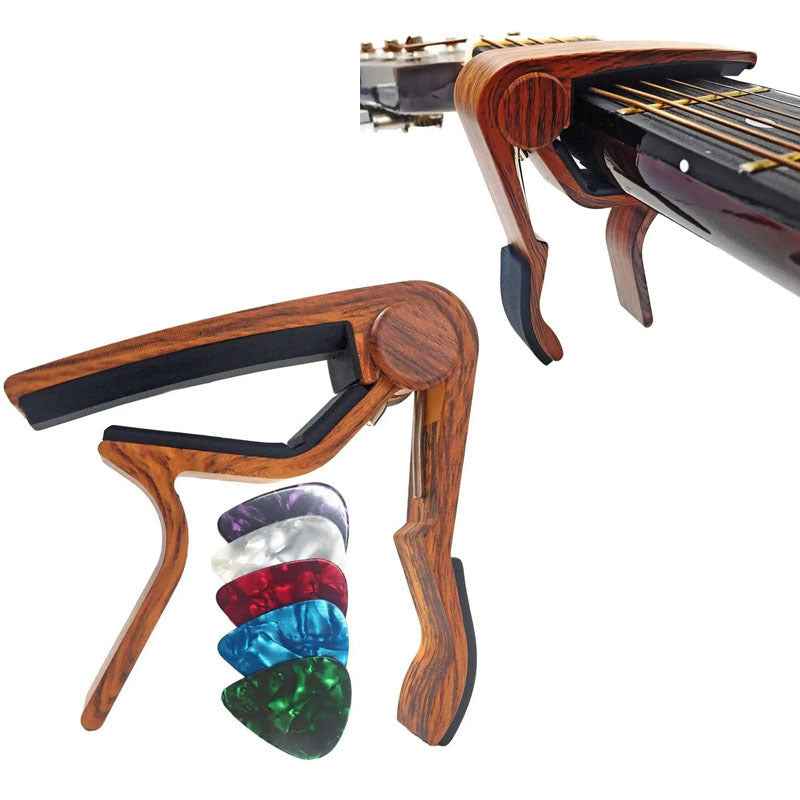 Folk Guitar & Ukulele Capo Set – Wood Grain Metal Capo with 5 Celluloid Guitar Picks