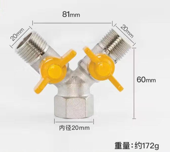 Three-Way Gas Valve Disc Handle 4-Point Gas Valve Y-Type Pagoda Gas Splitter Horn Valve Internal And External Silk Ball Valve- Outer wire + outer wire + inner wire (copper plating)