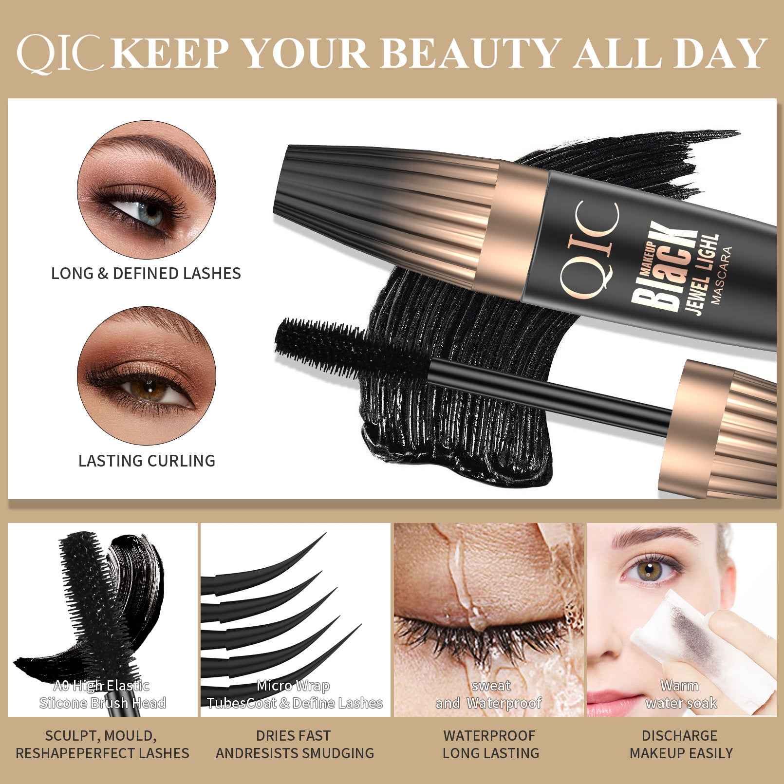 QIC Volumizing 4D Mascara Long Lasting Curling Lengthening Waterproof Black Mascara