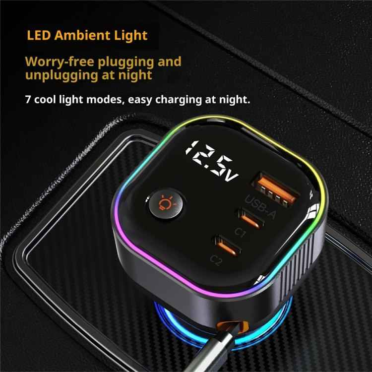 GE03 PD 65W Fast Charging Adapter Retractable Cable and Ambient Light Voltage Display Car Charger