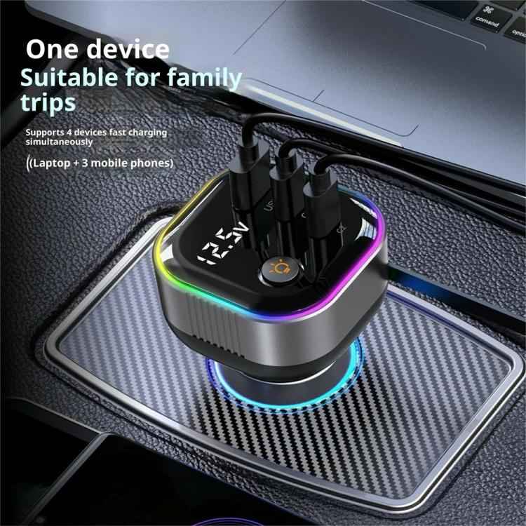 GE03 PD 65W Fast Charging Adapter Retractable Cable and Ambient Light Voltage Display Car Charger
