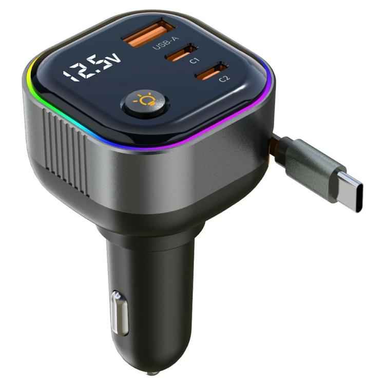 GE03 PD 65W Fast Charging Adapter Retractable Cable and Ambient Light Voltage Display Car Charger