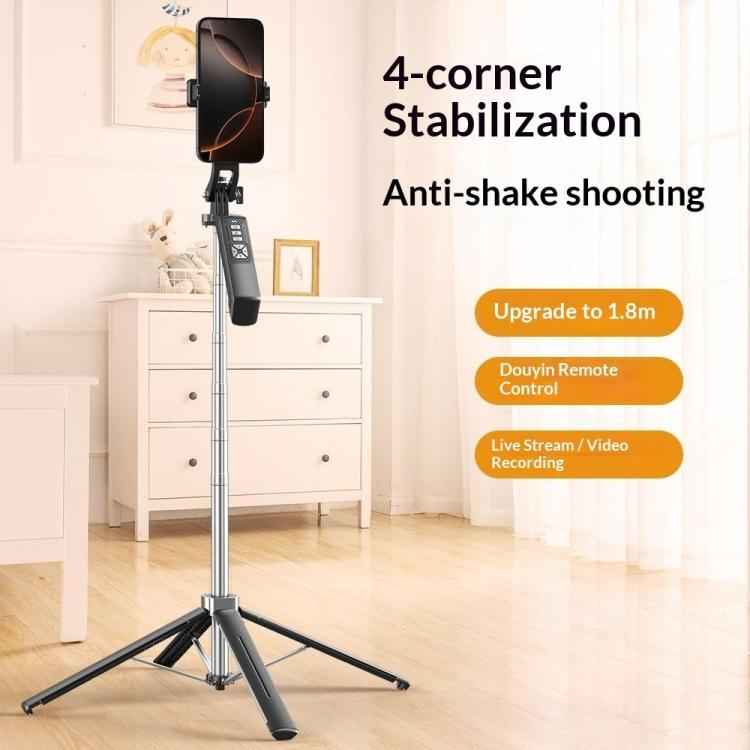 P18TK Anti-Shake Handheld Stabilizer 1.8m Extendable 4-leg Tripod Bluetooth Selfie Stick(White)