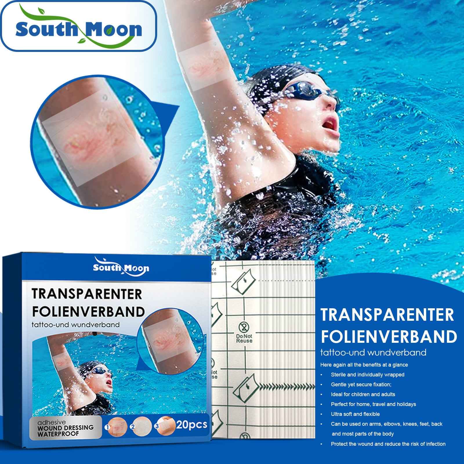 South Moon Waterproof Adhesive Bandage Pack of 20 – Elastic Wound Dressing for Sports, First Aid & Nursing Care