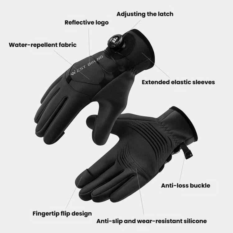 WEST BIKING YP0211270 Winter Bike Windproof Warm Gloves Water-Repellent Gloves With Buckle, Size: M(Black)