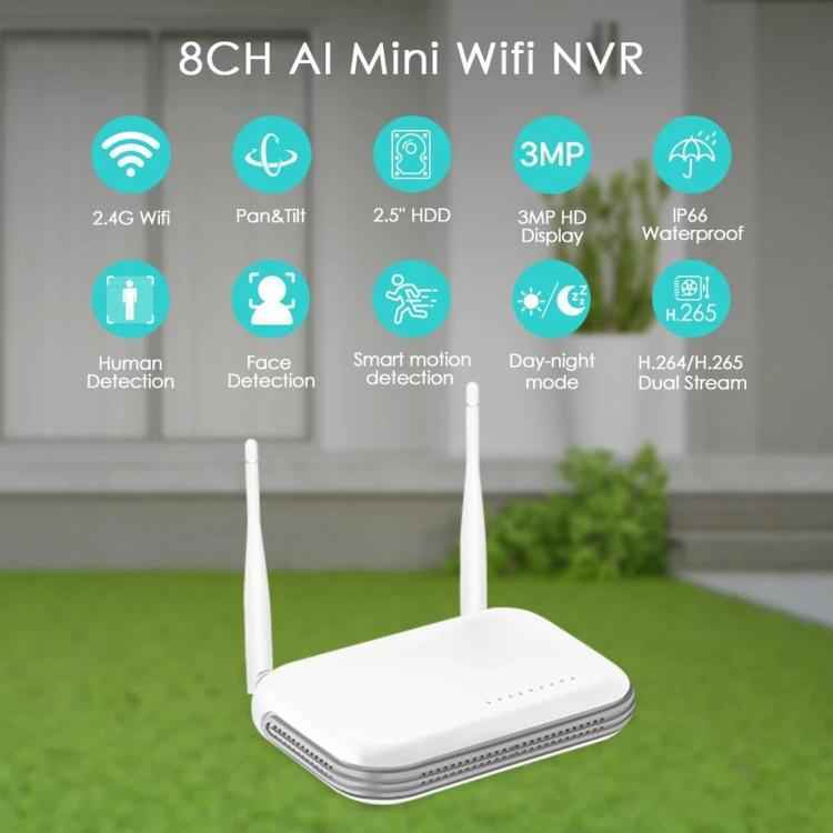 8CH Wireless NVR System For Security Cameras 5MP/3MP WiFi Network Video Recorder Support 2.5-Inch HDD & TF Card UK Plug