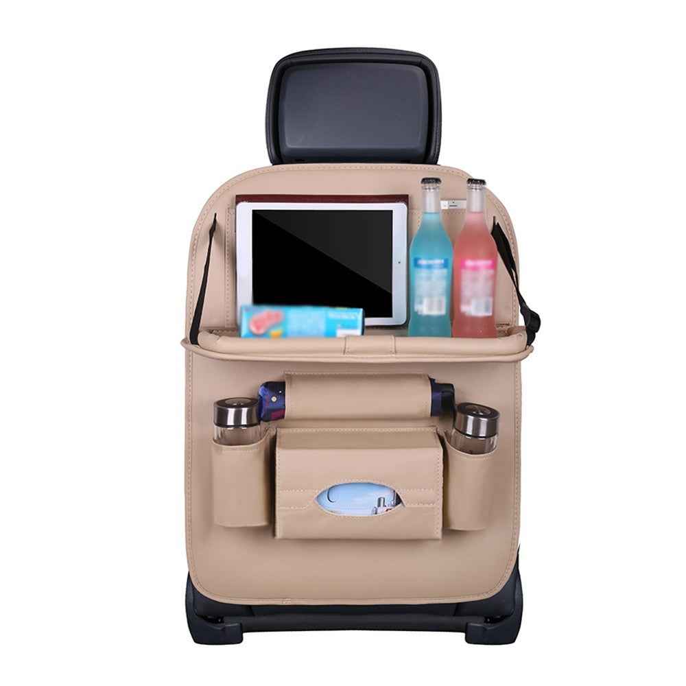 Multifunction Car Seat Back Bag Folding Table Organizer Pad Drink Storage Pocket - Beige