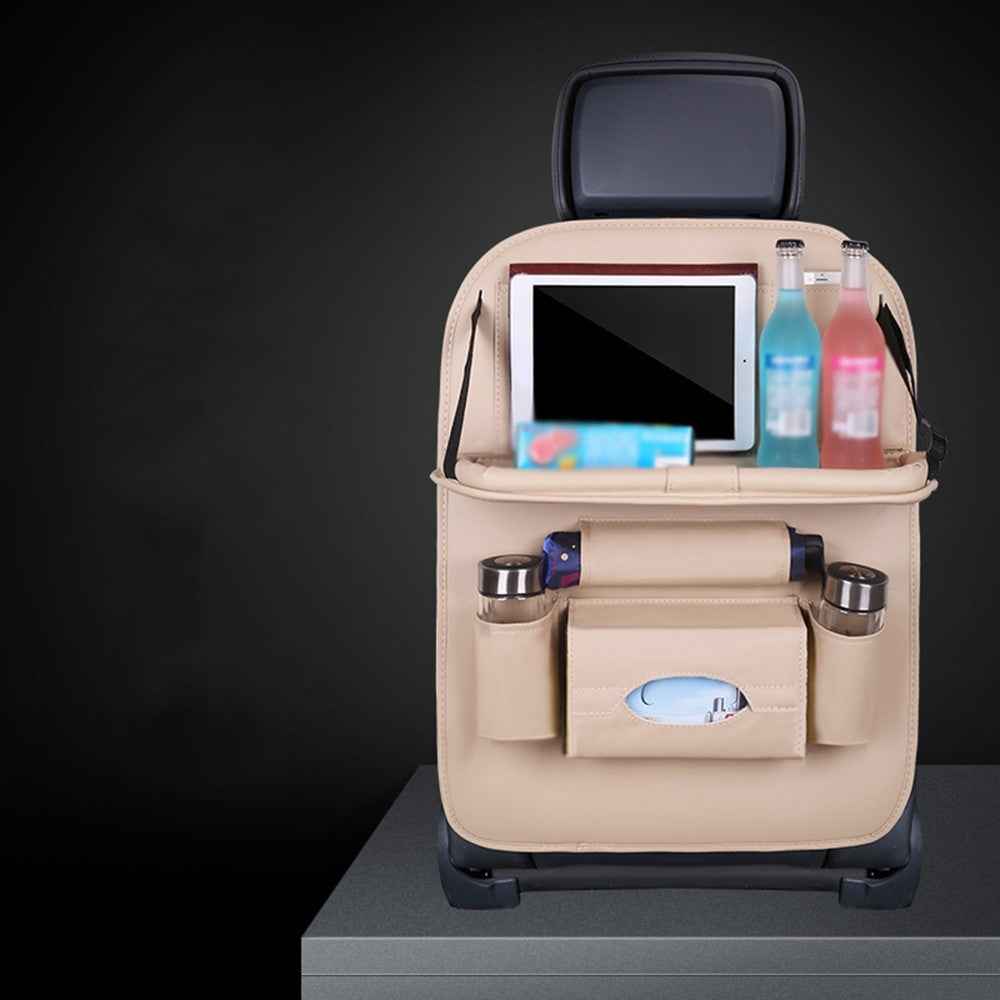 Multifunction Car Seat Back Bag Folding Table Organizer Pad Drink Storage Pocket - Beige