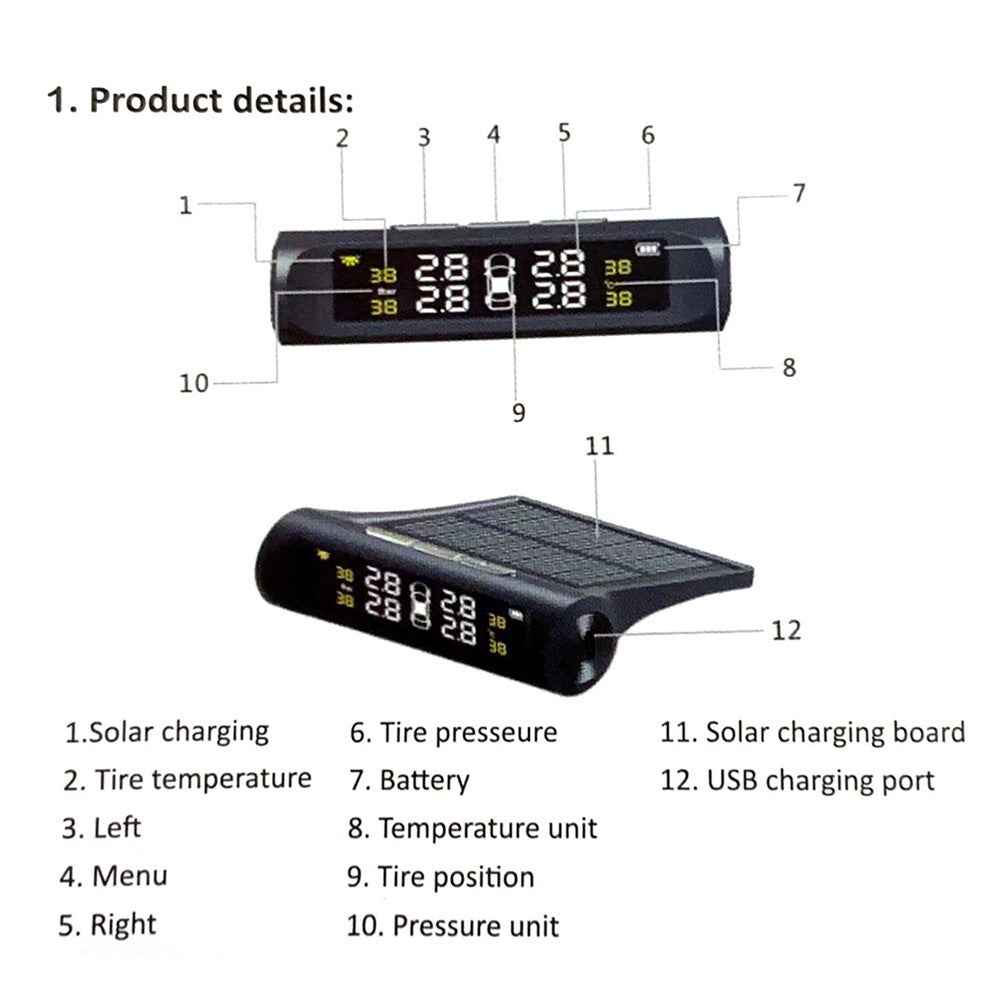 Solar TPMS Wireless Car Tire Pressure Monitoring System with 4 External Sensors