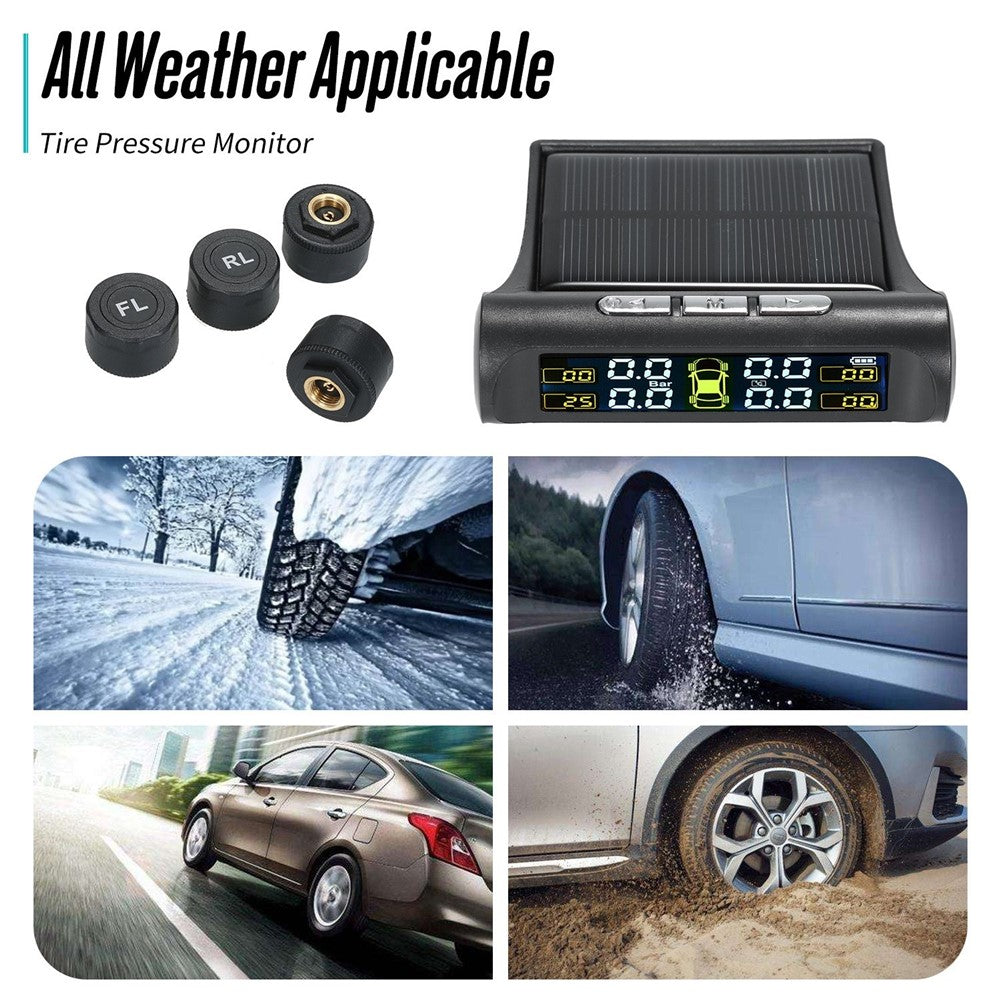 Solar TPMS Wireless Car Tire Pressure Monitoring System with 4 External Sensors