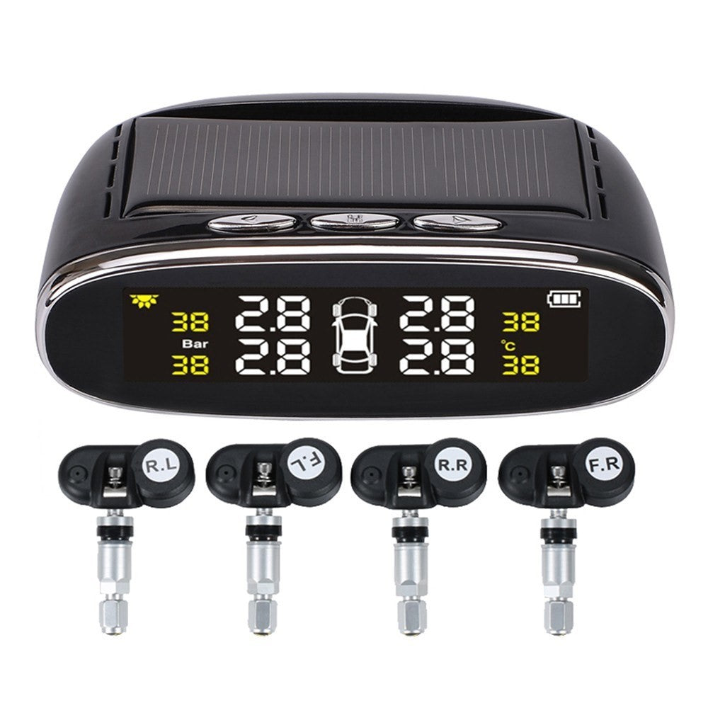 Car TPMS Tire Pressure Digital Solar Energy Monitoring System Auto Security Tire Pressure Alarm Systems LCD Display with 4 Internal Sensors