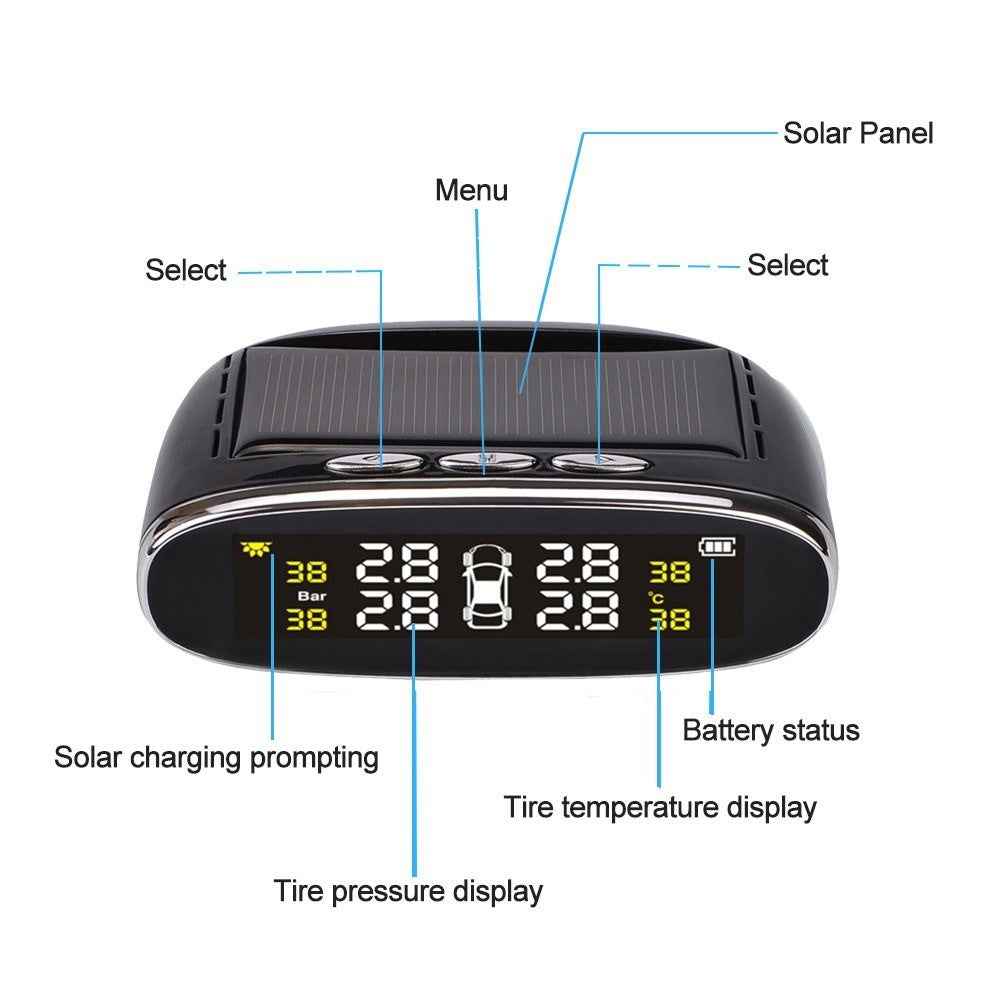 Car TPMS Tire Pressure Digital Solar Energy Monitoring System Auto Security Tire Pressure Alarm Systems LCD Display with 4 Internal Sensors