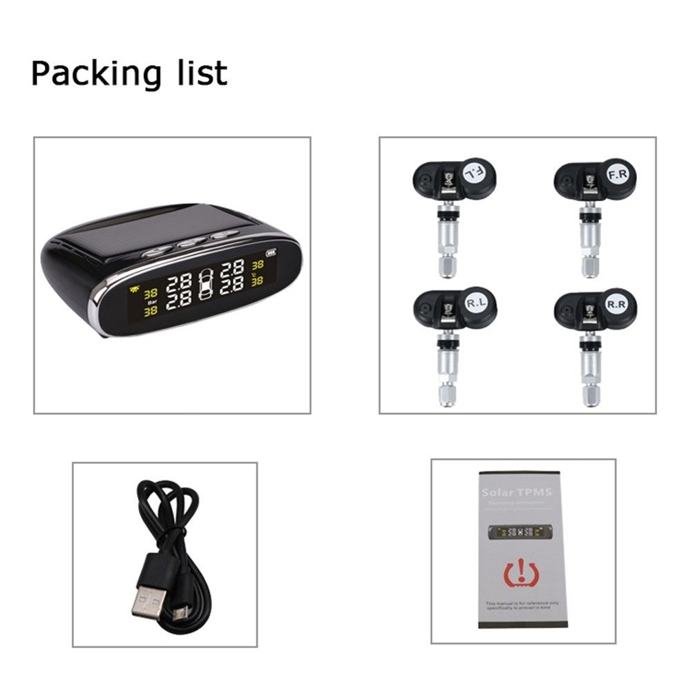 Car TPMS Tire Pressure Digital Solar Energy Monitoring System Auto Security Tire Pressure Alarm Systems LCD Display with 4 Internal Sensors