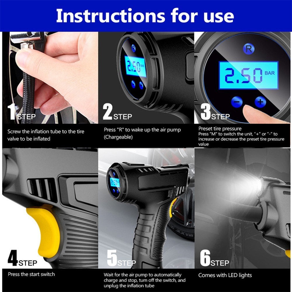 120W Wireless Car Air Compressor Handheld Tire Inflator USB Rechargeable Digital Display Inflatable Pump Pressure Gauge