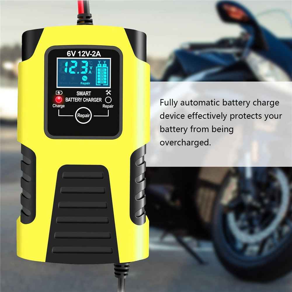 Motorcycle Smart Battery Charger 6V/2A 12V/2A Automatic Trickle Battery Charger Battery Maintainer Battery Desulfator - EU Plug/Yellow