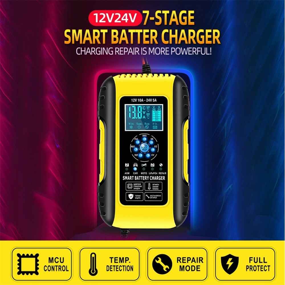 Fully-Automatic Smart Charger 12V/10A 24V/5A Battery MaintainerBattery Desulfator for Car Truck Motorcycle Lawn Mower Boat - US Plug/Yellow