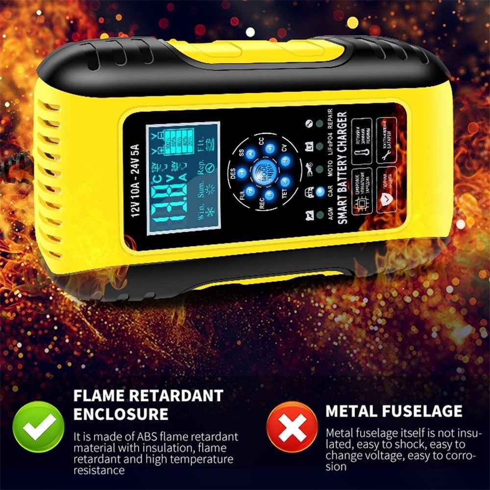 Fully-Automatic Smart Charger 12V/10A 24V/5A Battery MaintainerBattery Desulfator for Car Truck Motorcycle Lawn Mower Boat - US Plug/Yellow