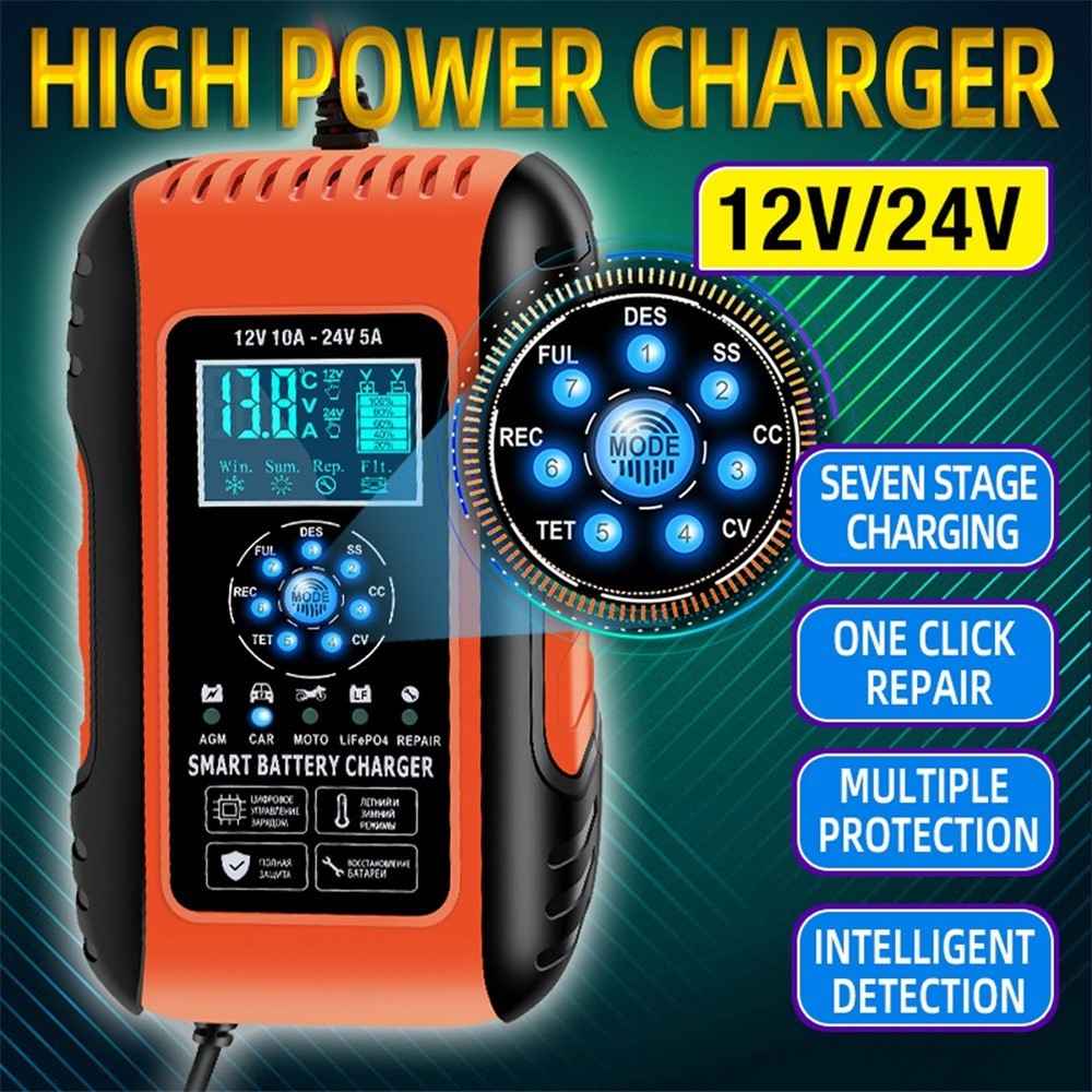 Fully-Automatic Smart Charger 12V/10A 24V/5A Battery MaintainerBattery Desulfator for Car Truck Motorcycle Lawn Mower Boat - EU Plug/Red