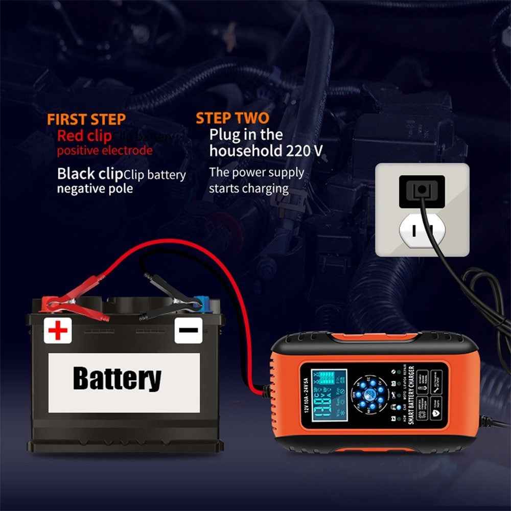 Fully-Automatic Smart Charger 12V/10A 24V/5A Battery MaintainerBattery Desulfator for Car Truck Motorcycle Lawn Mower Boat - EU Plug/Red