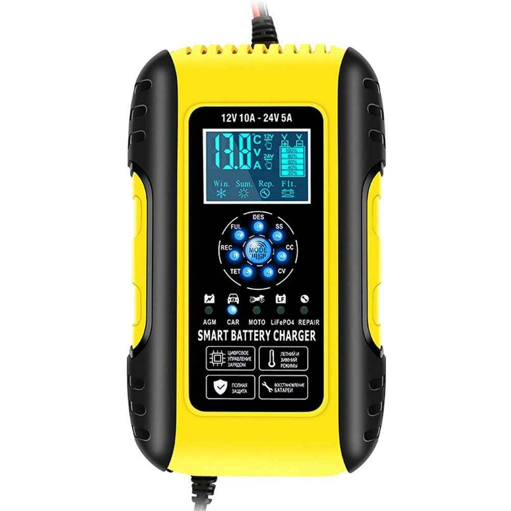 Fully-Automatic Smart Charger 12V/10A 24V/5A Battery MaintainerBattery Desulfator for Car Truck Motorcycle Lawn Mower Boat - EU Plug/Yellow