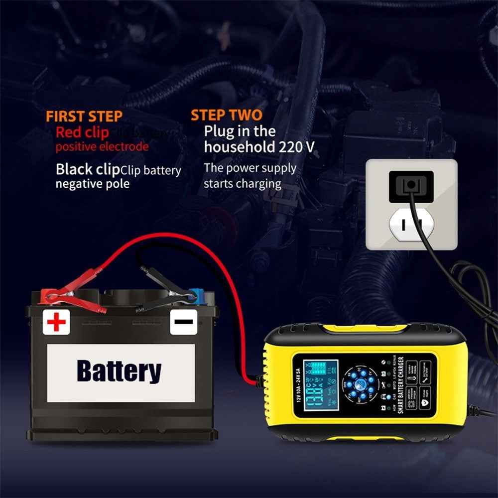 Fully-Automatic Smart Charger 12V/10A 24V/5A Battery MaintainerBattery Desulfator for Car Truck Motorcycle Lawn Mower Boat - EU Plug/Yellow