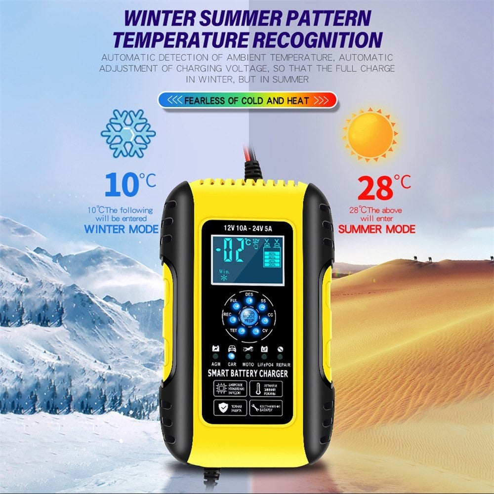Fully-Automatic Smart Charger 12V/10A 24V/5A Battery MaintainerBattery Desulfator for Car Truck Motorcycle Lawn Mower Boat - EU Plug/Yellow