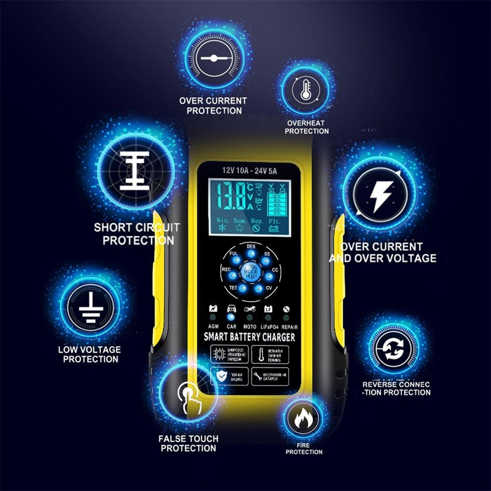 Fully-Automatic Smart Charger 12V/10A 24V/5A Battery MaintainerBattery Desulfator for Car Truck Motorcycle Lawn Mower Boat - EU Plug/Yellow