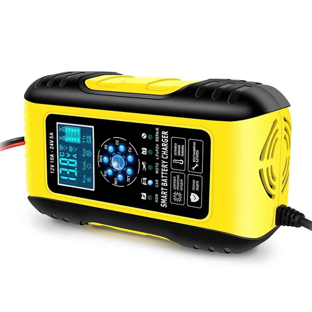 Fully-Automatic Smart Charger 12V/10A 24V/5A Battery MaintainerBattery Desulfator for Car Truck Motorcycle Lawn Mower Boat - EU Plug/Yellow