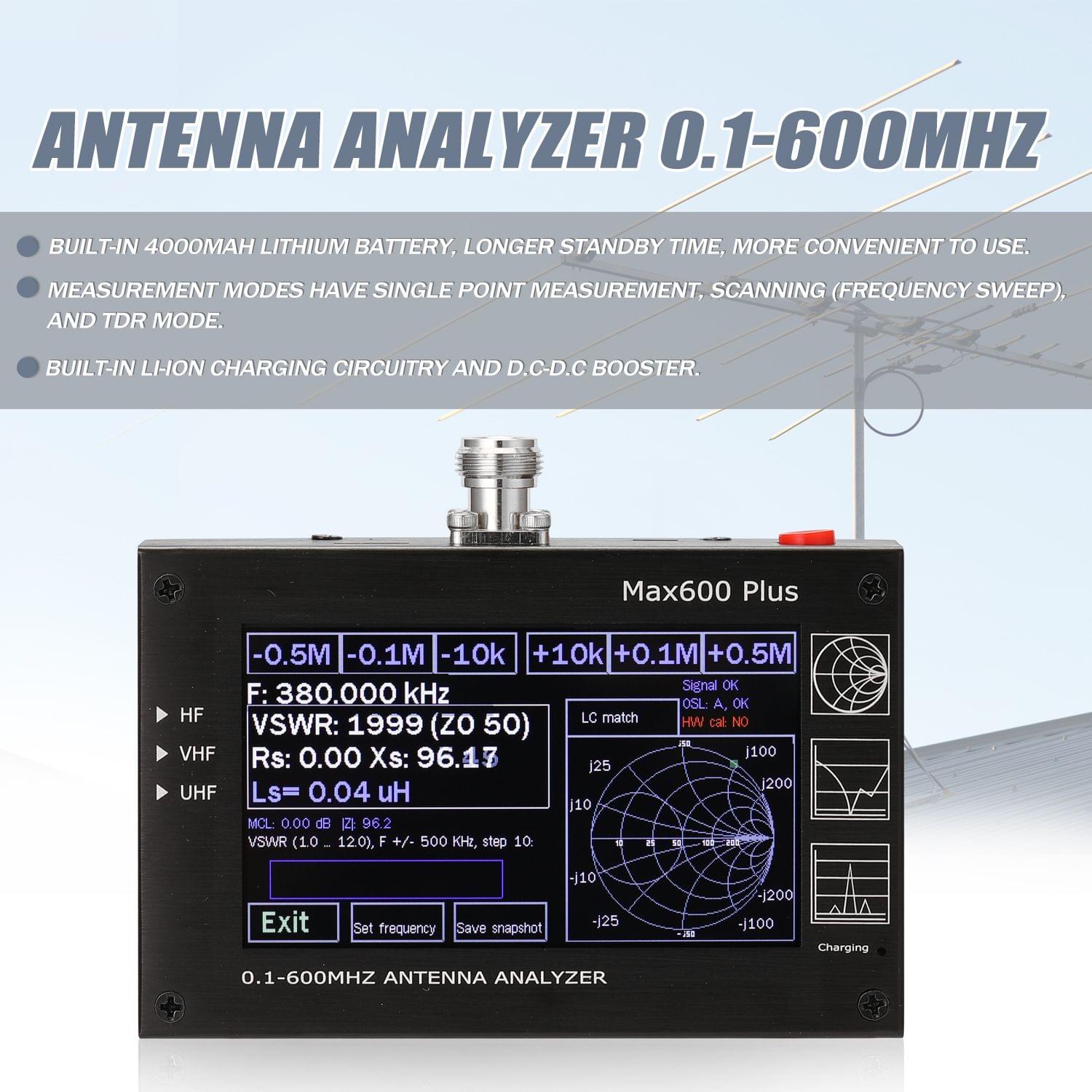 Max600 Plus HF VHF UHF Antenna Analyzer 0.1-600MHz with 4.3"