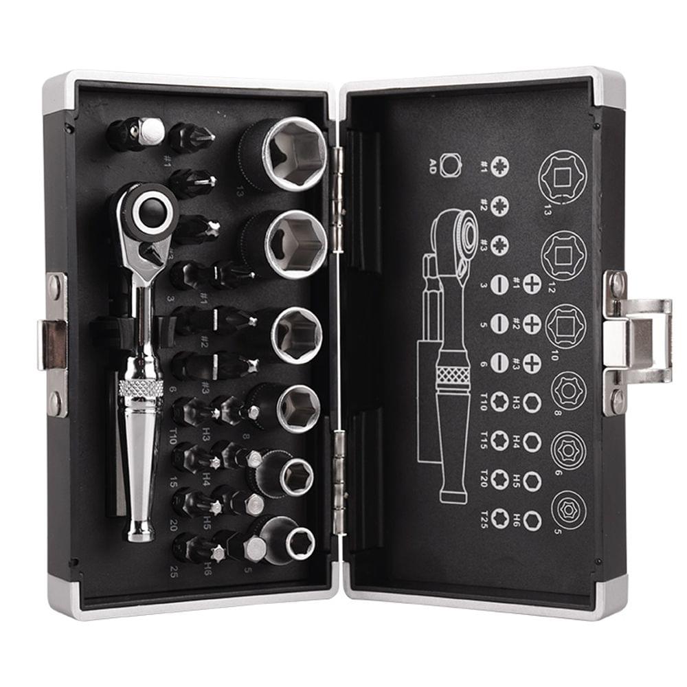 26pcs 1/4 DR Mini Ratchet Wrench Combination Tool Set