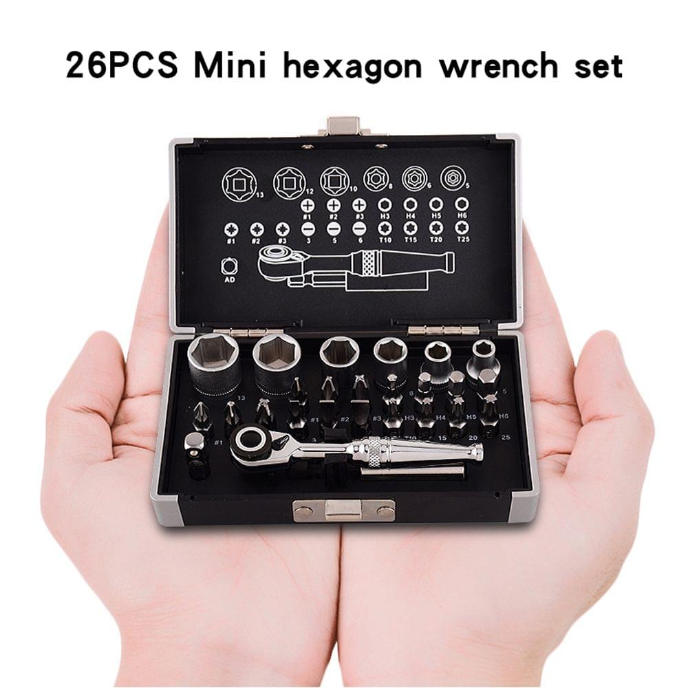 26pcs 1/4 DR Mini Ratchet Wrench Combination Tool Set