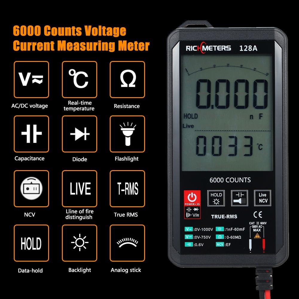 RICHMETERS Digital Multimeter 6000 Counts True-RMS Auto - 128A