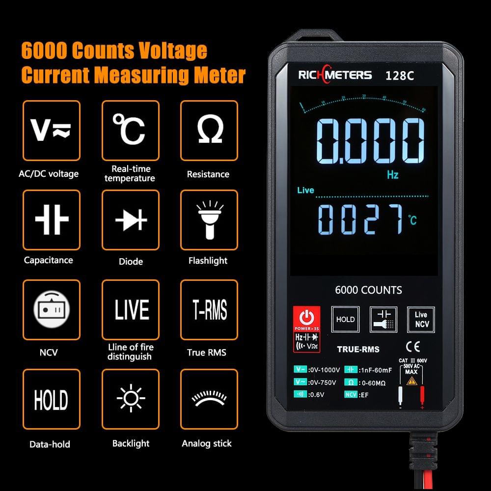 RICHMETERS Digital Multimeter 6000 Counts True-RMS Auto - 128C