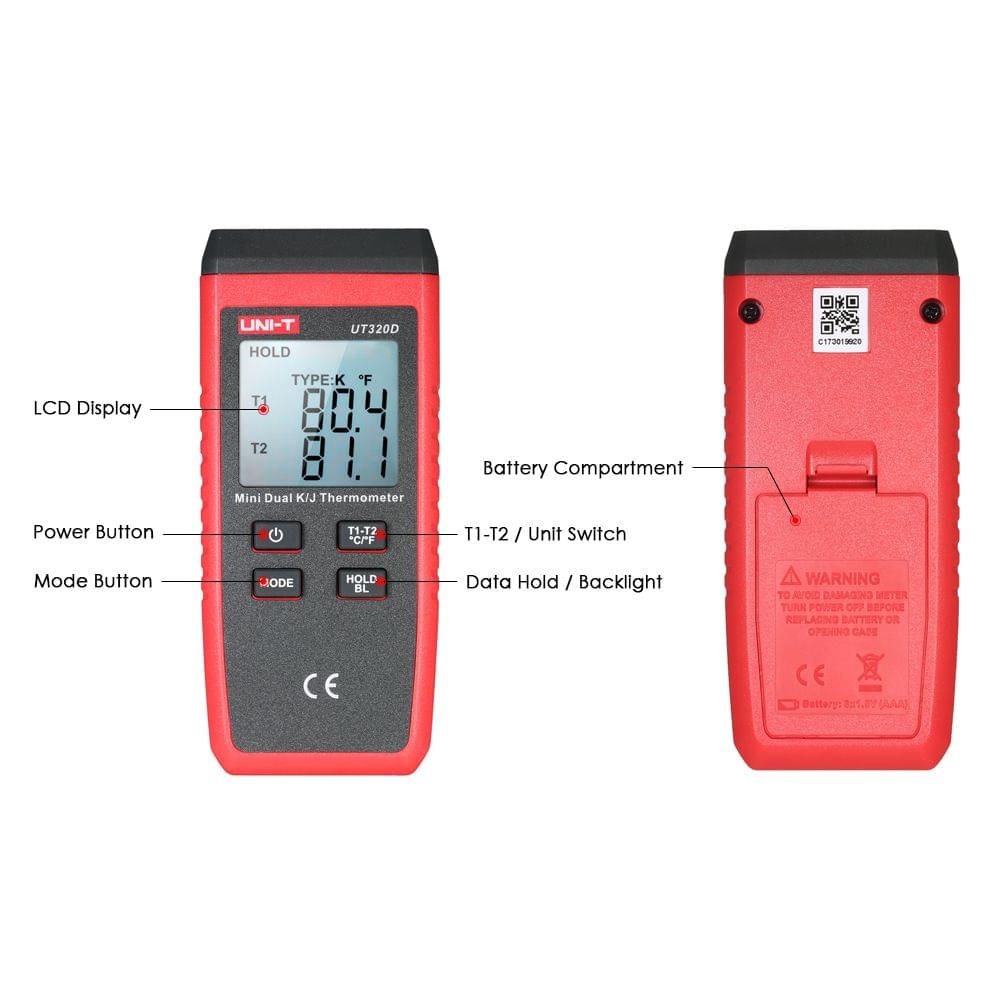 UNI-T UT320D Mini LCD Digital Thermometer 2-Channel Type K/J - 2-Channel