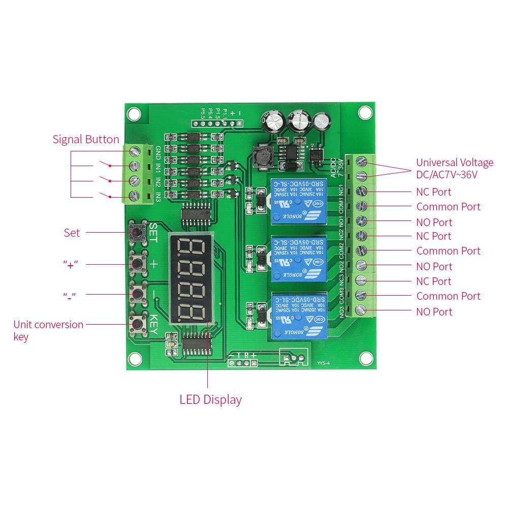 Programmable 3-Channel LED Relay Module DC/AC7V~36V Motor