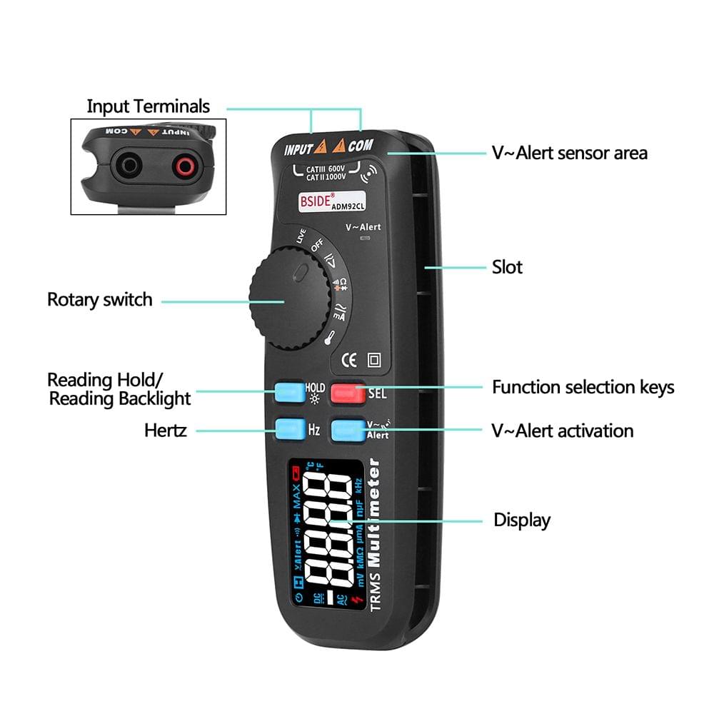 BSIDE Digital Multimeter 6000 Counts Auto-Ranging Mini Multi - Color LCD