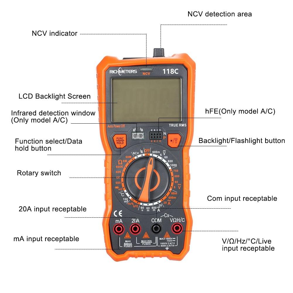 118C 20A Digital Multimeter 6000 Counts NCV HFE True-RMS