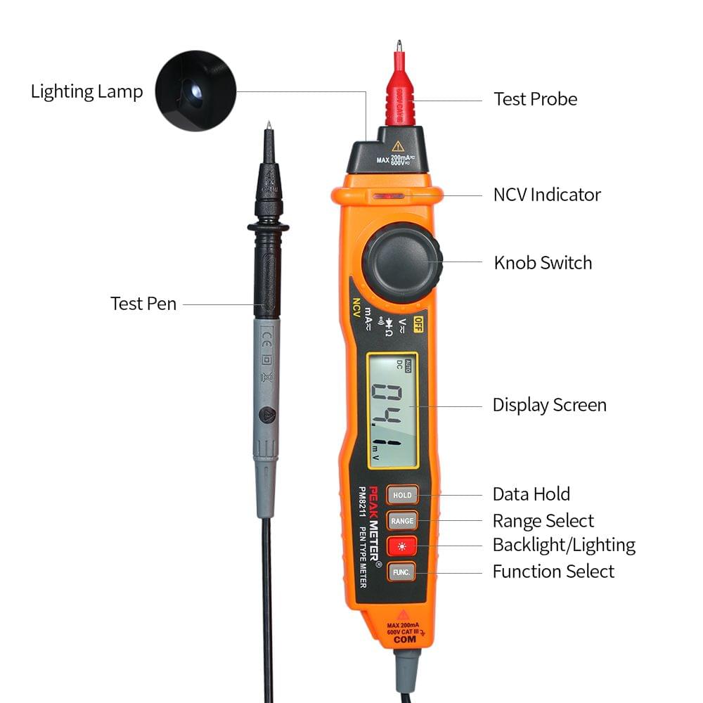 PEAKMETER Handheld Multimeter Backlight LCD Display Pen Type