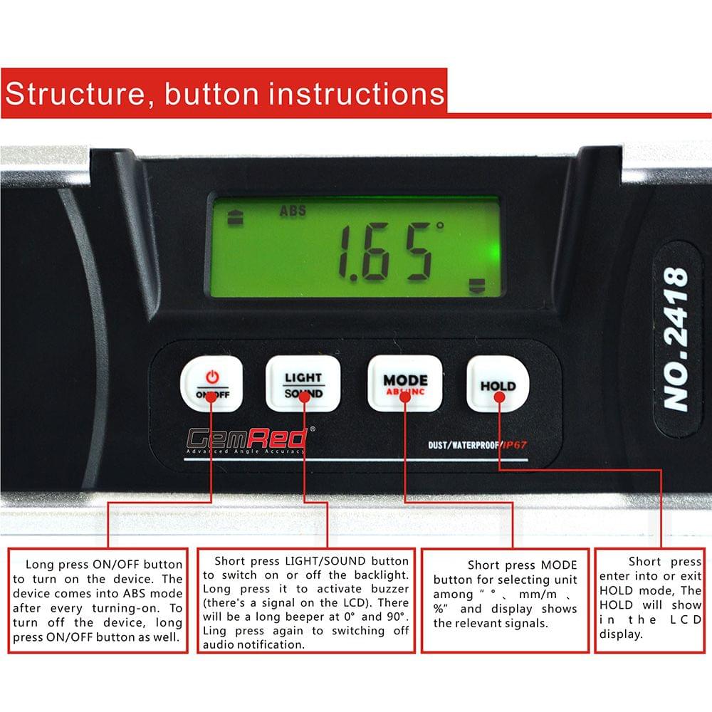 GemRed IP67 Digital Protractor Level Torpedo Level 360? LED